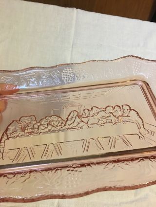 Vintage 11 X 7 Tiara Indiana Rose Pink Glass Bread Tray Plate The Last Supper 2
