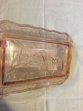 Vintage 11 X 7 Tiara Indiana Rose Pink Glass Bread Tray Plate The Last Supper 4