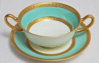 Vintage Royal Doulton 2 - Handled Cup And Saucer - Green,  Bone With Gold Rims