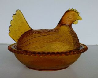 Rooster On Nest Amber Glass Covered Candy Dish.  Beaded Rim On Base,  Exc.