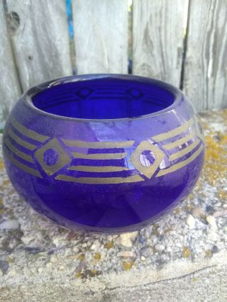 Vintage Cobalt Blue Clear Glass Bowl Gold Sante Fe Style Trim Design