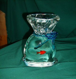 Murano Gold Fish In Sack Bag Blue Bow Ribbon Aquarium Paperweight