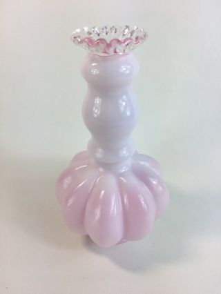 Vintage Fenton White Milk Art Glass Pink Crest Ruffled 7” Vase