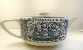 Rare Currier And Ives Royal China Clipper Ship Teapot Unique White Lid