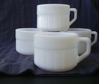 Federal Vintage Milk Glass Mugs Cups D Handle 4 Pc.  Stacking Ribbed Set