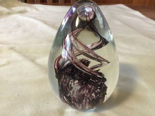 Small Vintage Hand Blown Egg Shaped Paperweight With White And Bronze Swirls