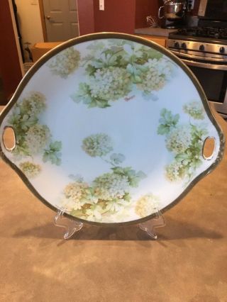 O&eg Royal Austria Double Handle Cake Plate Painted Hydrangia Signed Georges