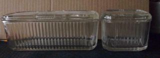 Set Of 2 Federal Glass Refrigerator Dishes With Embossed Vegetables On Lids