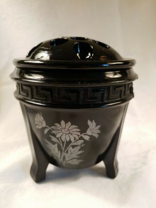 Vintage L E Smith Black Glass Greek Key Flower Frog Vase 16 Holes