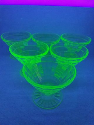 Hocking Glass Green Vaseline Uranium Block Optic Cone Sherbets Set 6 W Wafer