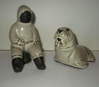 Hyllested Keramik Inuit Eskimo And Walrus Figurines Dark Denmark Cute Pair