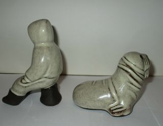 HYLLESTED KERAMIK Inuit Eskimo and Walrus Figurines Dark Denmark Cute Pair 2