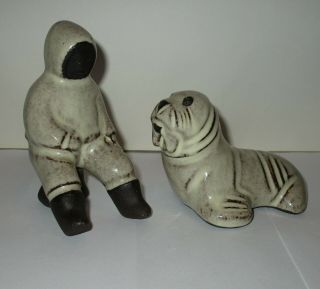 HYLLESTED KERAMIK Inuit Eskimo and Walrus Figurines Dark Denmark Cute Pair 3