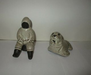 HYLLESTED KERAMIK Inuit Eskimo and Walrus Figurines Dark Denmark Cute Pair 5
