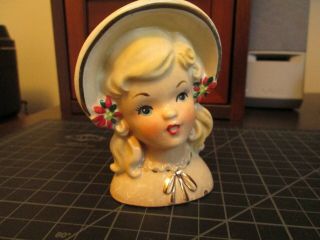 Vintage Inarco E 1274 Blonde Christmas Girl Gold Rimmed Bonnet Head Vase