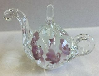 Joe Rice Art Glass Teapot Paperweight - Pink Trumpet Flowers & Bubbles