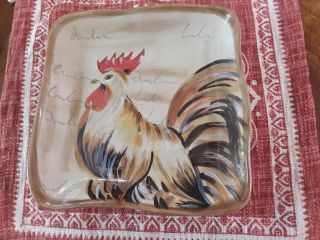 4 Tabletops Gallery Romalo Rooster 8 " Square Plates Hand Painted Hand Crafted