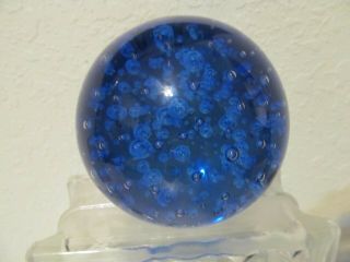 Vintage Murano Italy Blue & Controlled Bubbles Art Glass Paperweight