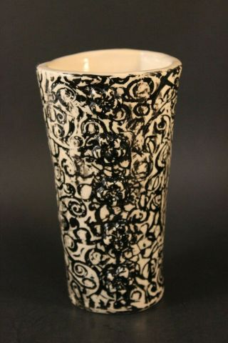 Kitchy Art Pottery Signed Jan Black And White Vase With Flower Studs