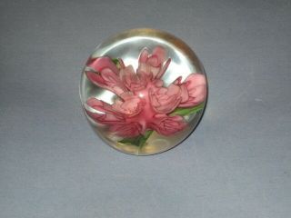 Vintage Glass Paperweight With Pink Flowers Green Stems.  Piece