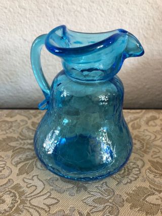 Vintage Blue Crackle Glass Mini Pitcher Bud Vase 4” Tall