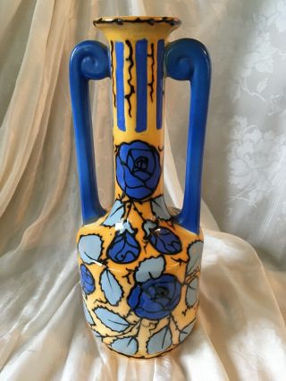 Vintage Czechoslovakia Hand Painted Vase Art Deco Shape W Blue Flowers On Orange