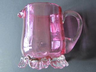 Vintage Hand Blown Cranberry Glass Small Creamer Pitcher Clear Glass Handle