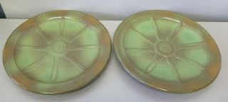 Frankoma Pottery Set Of 2 - 9 " Prairie Green Wagon Wheel Dinner Plates 94f