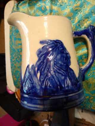 Antique Sleepy Eye Pottery Native American /pitcher Cobalt Blue