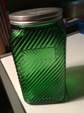 Vintage Owens Illinois Emerald Green Ribbed Glass Canister & Lid