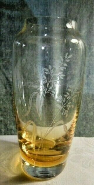 Caithness Scotland Glass Vase Amber With Etched Grass