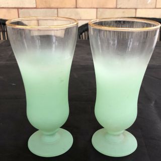 Vintage Pair (2) Blendo Frosted Green Parfait Glasses Gold Rim