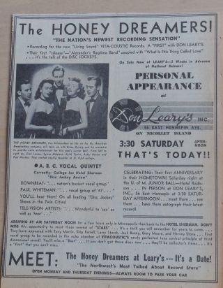 1957 Newspaper Ad For The Honey Dreamers Minnesota Quintet - Leary 