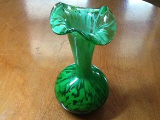 Vintage Art Glass Vase Green White Swirl Pontil