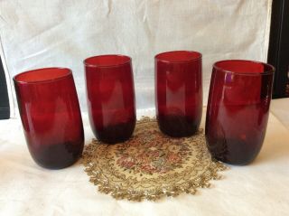 Set Of 4 Vintage Ruby Red Glasses 8 Ounce