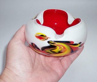 Vintage Murano Studio Art Glass Trinket Bowl Dish White & Colours & Red Inside