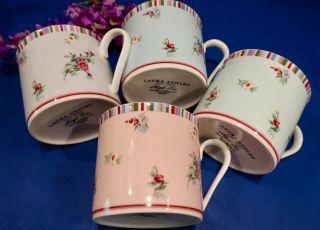 Set of 4 Laura Ashley HIGH TEA 6 oz.  Cups - Blue,  Green & Pink & Lilac NWOB 2