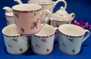 Set of 4 Laura Ashley HIGH TEA 6 oz.  Cups - Blue,  Green & Pink & Lilac NWOB 3