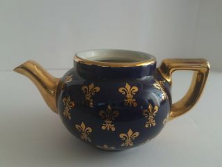 Vtg Hall China Usa Ceramic Dark Blue Gold Small 2 Cup Teapot No Lid