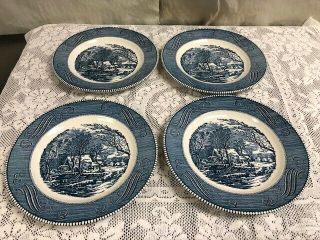 4 - Currier And Ives Blue Usa Royal China 10 " Dinner Plates " The Old Grist Mill "