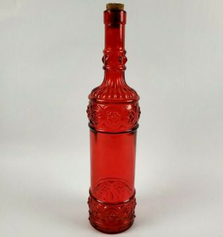 Red Vintage Glass Bottle With Cork Top Fall Decor Wine Or Oil 13 " Tall