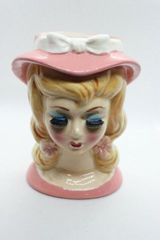 Vintage Lefton Lady Head Vase/planter Pink Hat With Bow 3130