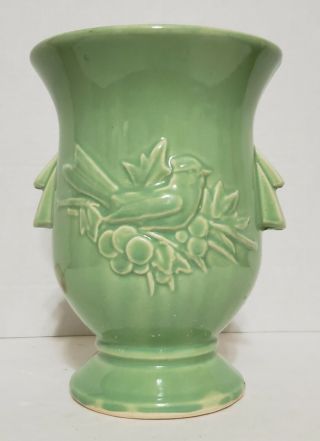 Mid Century Mccoy Vintage Art Pottery Light Green Bird & Berries Vase C 1950s