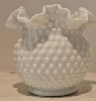 Vintage Fenton Milk Glass Hobnail Large Ruffled Rose Bowl Vase - 6 " - Euc