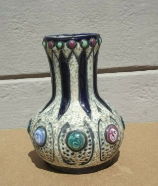 Antique Czechoslovakia Pottery Amphora Enamel Jeweled Vase Art Nouveau