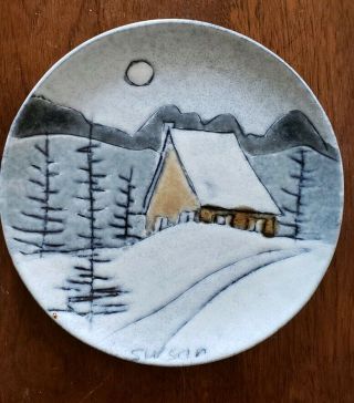 Charles Sucsan Plate Winter Cabin Moon Mountain Scene Handcrafted Quebec Canada