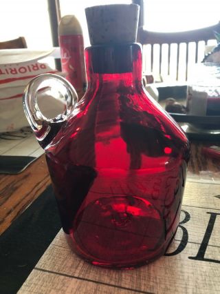 Vintage Hand Blown Ruby Red Viking Glass Jug Clear Applied Handle Art Glass Ruby