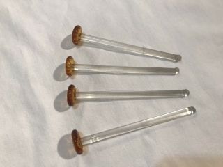 Vintage Clear Glass Muddlers Stirrers Round Amber Paddle Top 4 ½” Set Of 4