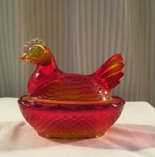 Vintage Miniature Glass Hen On Nest Basket Salt Red Yellow Glass