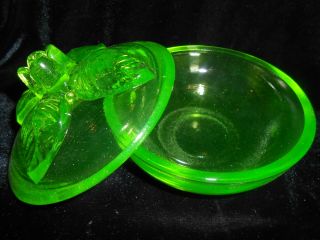 Green Vaseline Uranium Glass Rose Floral Flower Powder Jewelry Box / Candy Dish